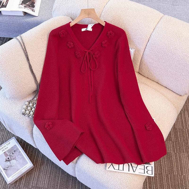 Plus Size Women s Red Floral Knit Sweater - Autumn/Winter Festive Wear 5XL: 210-245 Jin