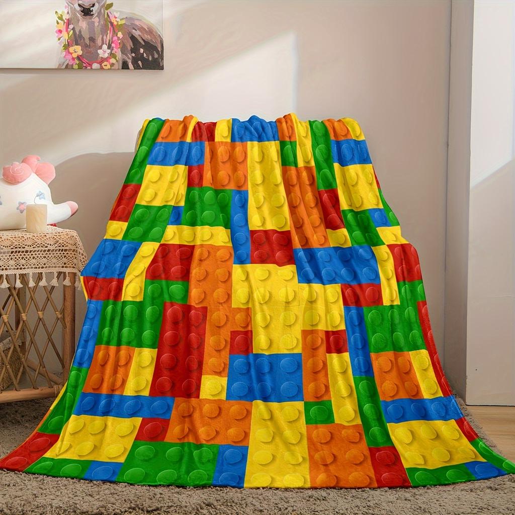 1 Colorful Lego Block Flannel Blanket 2D Flat Print Fun Home Essential Bedroom Couch Blanket Stylish Functional Cozy Kids-Themed