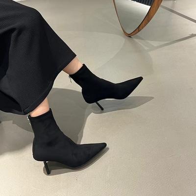 Brown Short Boots Women's High Heel Autumn and Winter Versatile Thin Heel Elastic Boots Suede Pointed Skinny Boots