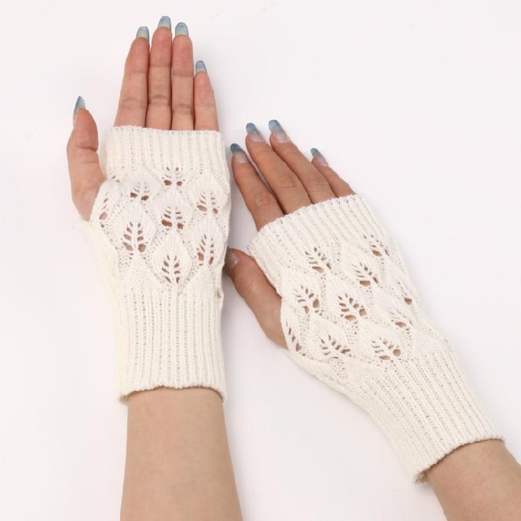 Knit Gloves Textured Leaf Design Soft Acrylic Fabric Cold Weather Fingerless Handwear Unisex Solid Color