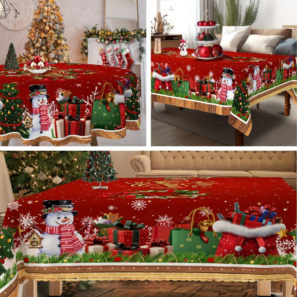 Christmas Snowman Rectangular Tablecloth Winter Snowflake Holiday Kitchen Dining Table Cover Decor