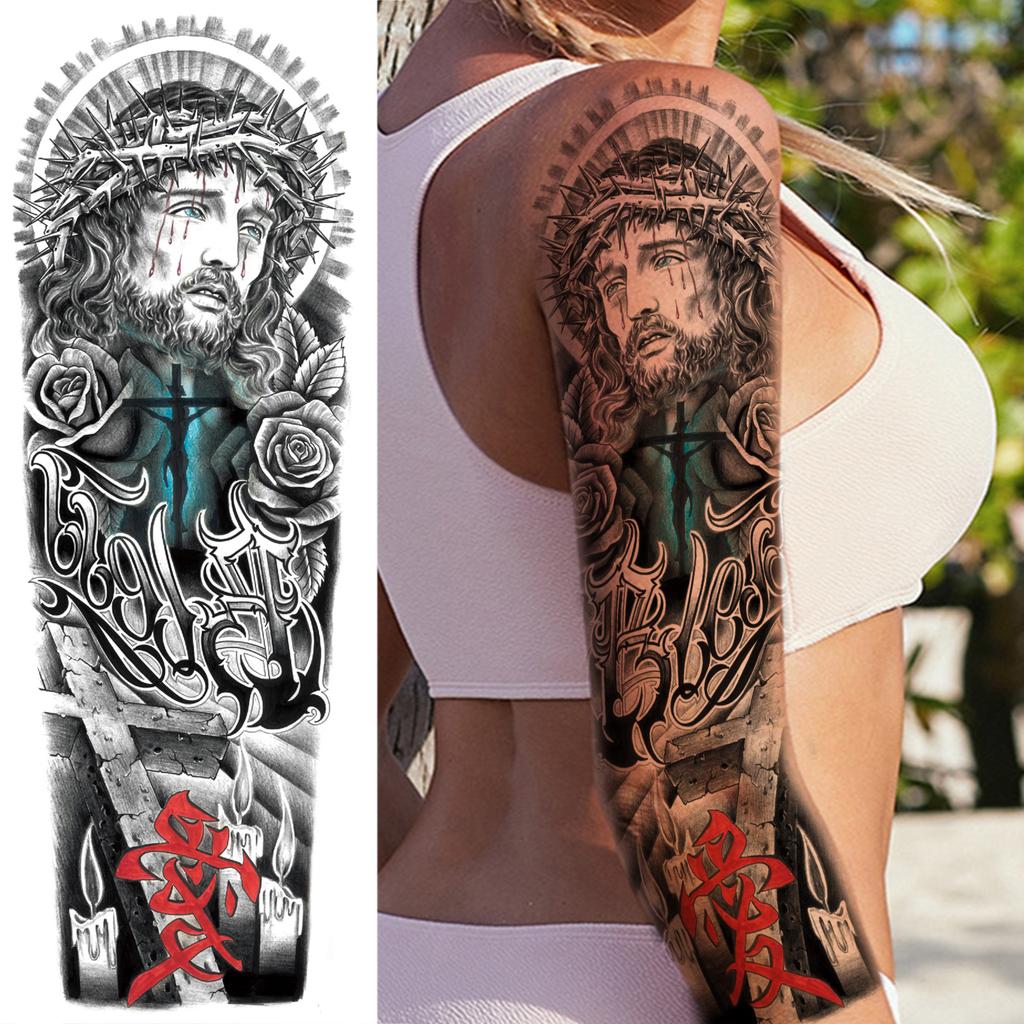1 Sheet Long Sleeve Temporary Tattoos For Men Women Flower Skull Lion Wolf Tiger Nun Fox Compass Tattoo Sticker Body Art Arm Leg