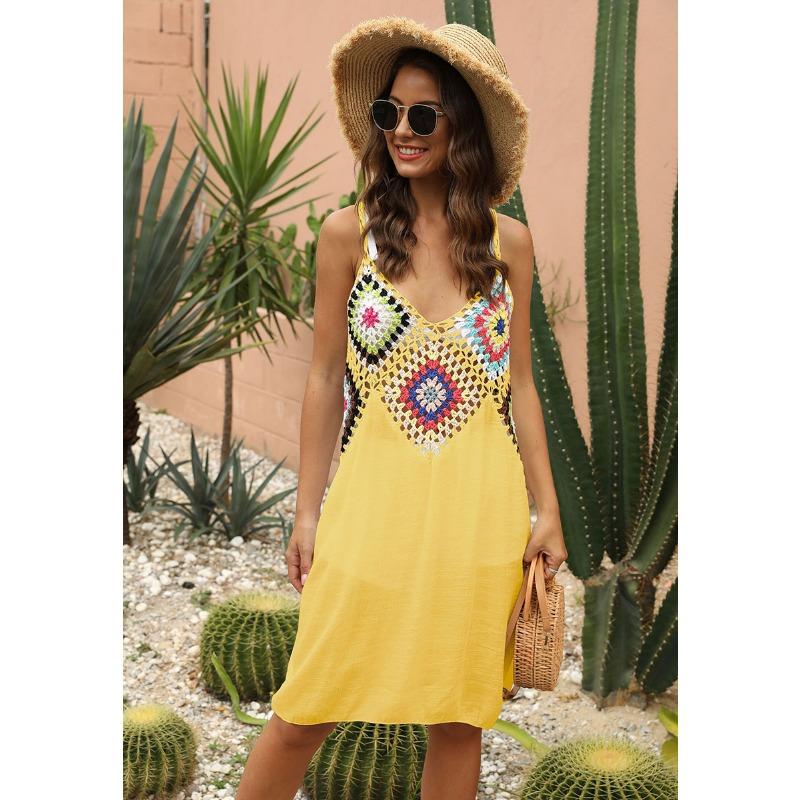 

Женская мода лето весна геометрический принт без рукавов с v-образным вырезом повседневные платья One Size жёлтый