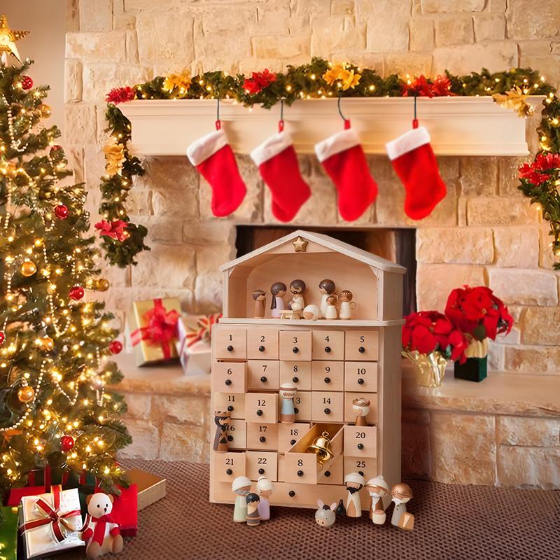 Der Retter Krippen-Adventskalender - Hölzerne Truhe mit 25 Schubladen Papier-Schubladen & 30 Stück Harz-Erinnerungsfigur für Kinder Familien-Geschenk