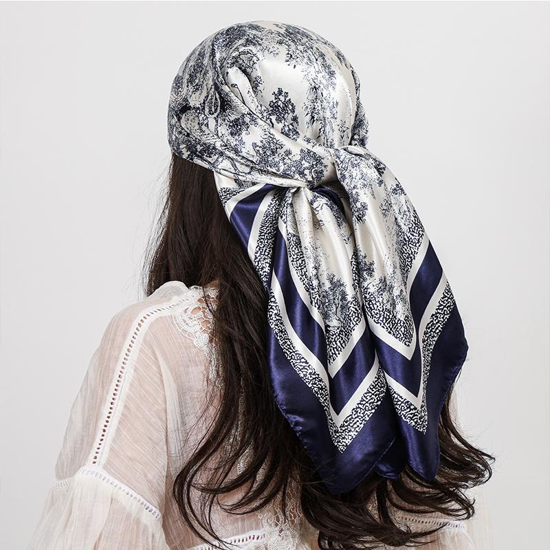 90*90cm Luxury Brand Square Silk Scarf Women Satin Print Hijab Scarves Muslim Pareo Bandana Female Shawl Wrap Headband Foulard