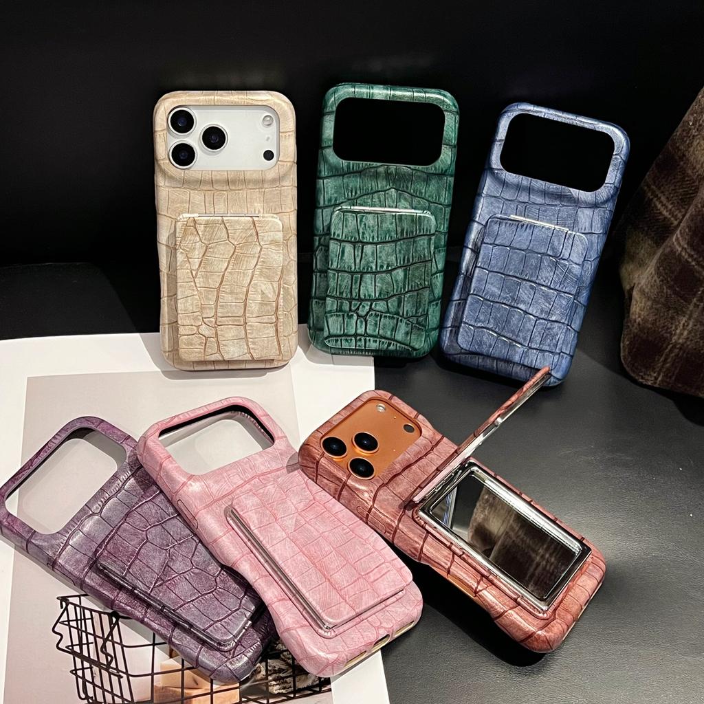 Retro Fashion Leather Imitation Crocodile Skin Texture Cover Case For iPhone 17 16 15 14 13 Pro Max with Flip-up Mirror Holder