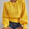 Women's Yellow Cable Knit Cropped Sweater Round Neck Puff Sleeve Casual Top
