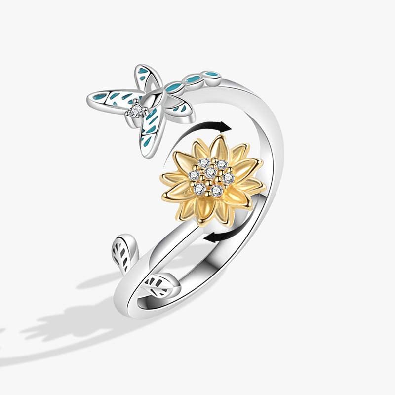Cute Rabbit Animal Adjustable Open Rings For Women Crystal Anxiety Relief Spinning Rotate Freely Ring Jewelry Accessories