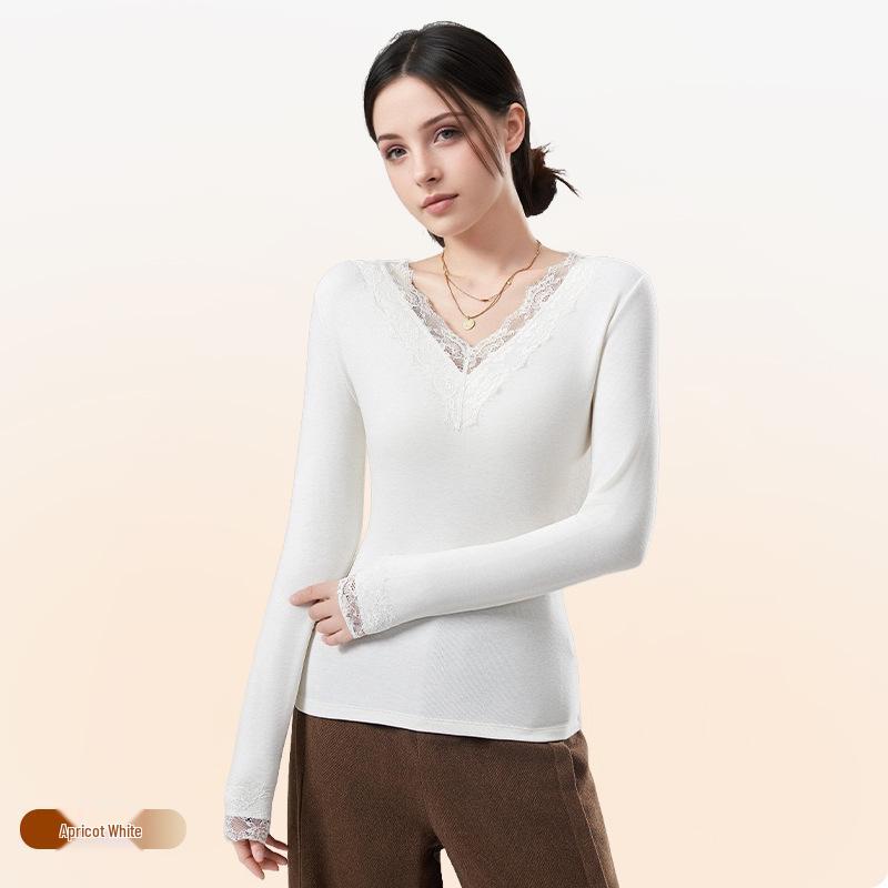 Женский трикотажный свитер с V-образным вырезом из девелюра: Кружевной, Высокоэластичный, Приятный к коже базовый слой для осени и зимы S (Weight: 80-100 jin)