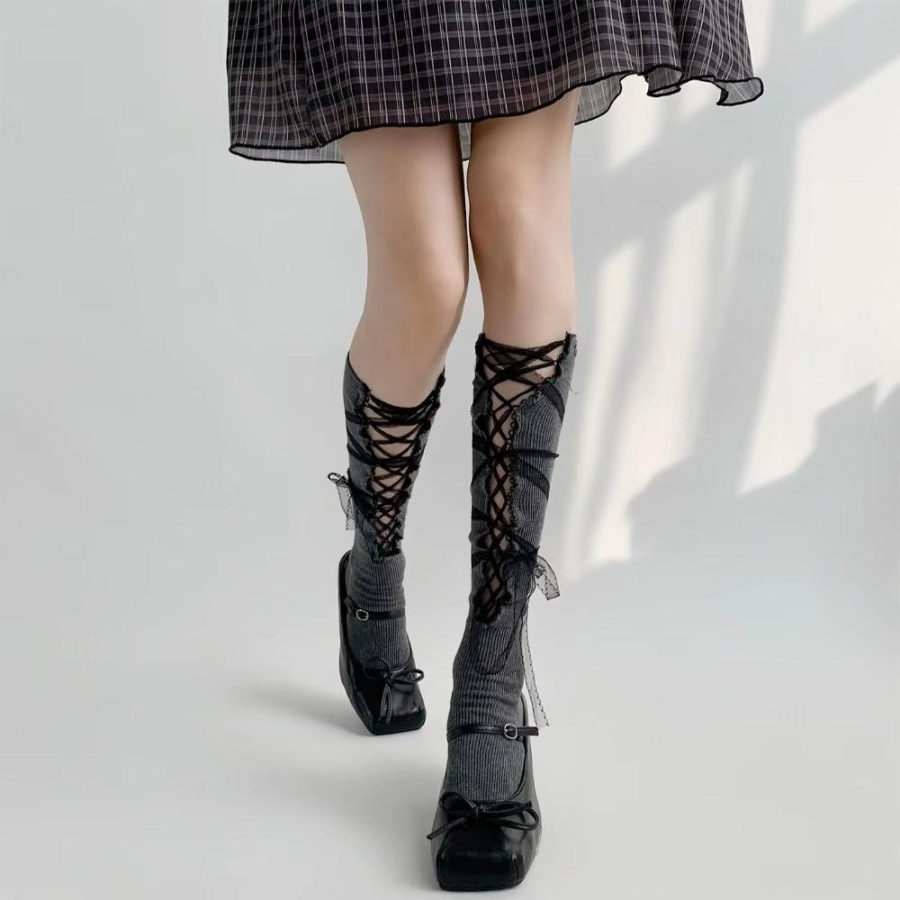 Y2K Mid-calf Socks Lace Trim Mesh Ribbon Socks New Dress Stacking Socks Women