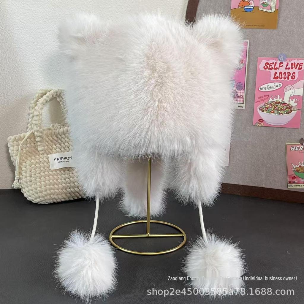 Girls' Winter Furry Lei Feng Hat with Cute Bear Ears and Face-Revealing Design for Northeast China
