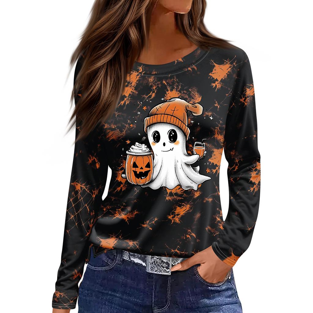 Women's Fashion Long Sleeve Tunic Top with Halloween Print and Side Slits - Round Neck Blouse for Party