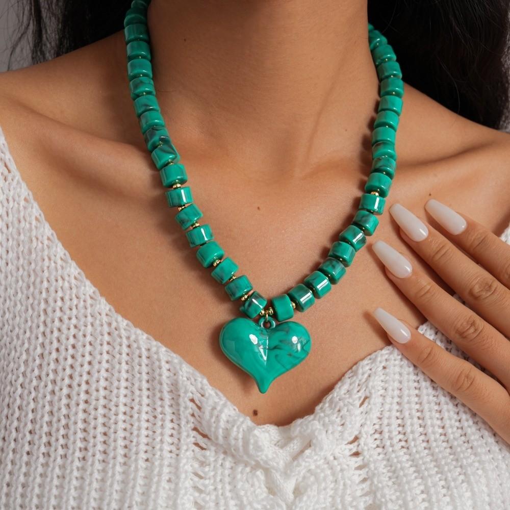 Choker Women Clavicle Necklace Round Bead Sweater Chain Acrylic Love Heart Necklace  Spring Summer