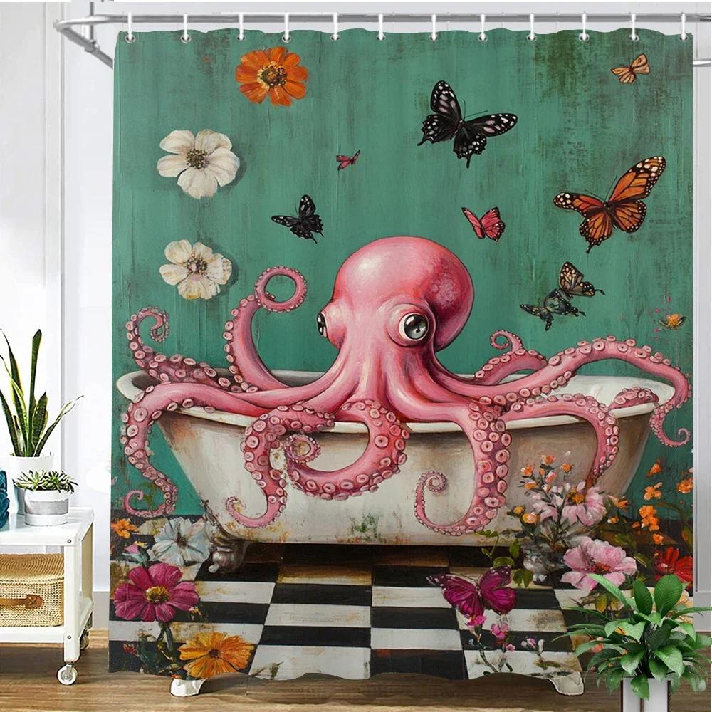 Lovely Creative Octopus Pattern Print Fabric Shower Curtain Bathroom Curtain,floral Octopus Home Decor Curtain with Hooks