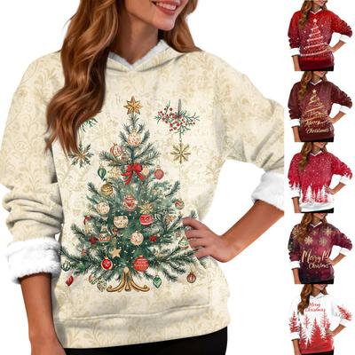Damenmode, lässig, langärmelig, mit Weihnachtsdruck, Kapuzenpullover