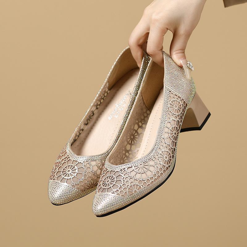 Fashion GKTINOO Lace Sexy Pointed Toe Women Shoes Summer 2025 Designer Mid Heels Shallow Mature Dress Woman Shoes Pumps Mujer Zapatos