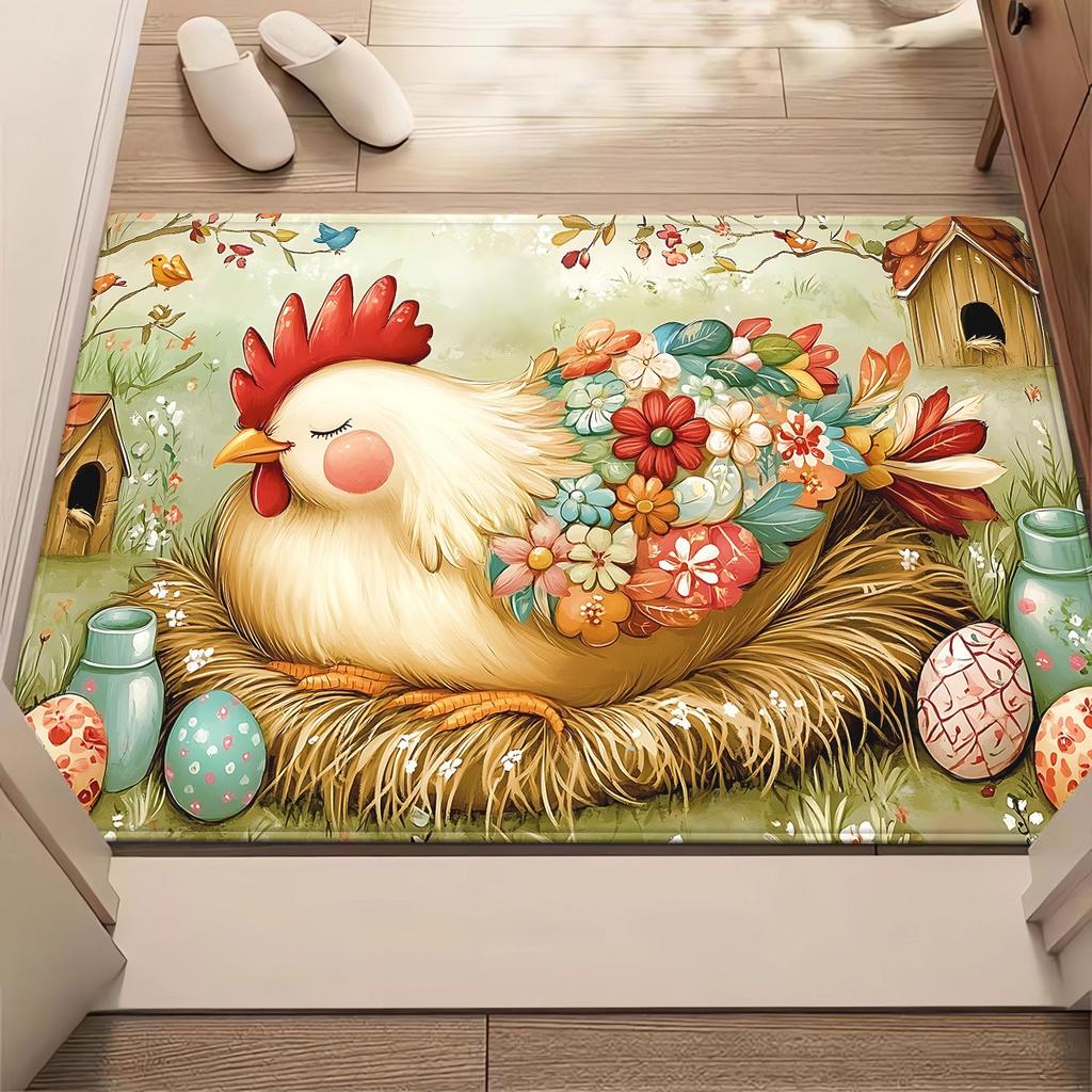 Cute Chicken Floral Design Crystal Velvet Rug Living Room Decor Easter Theme Home Decoration Soft Floor Mat Cozy Family Space