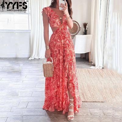 Women's Fashion Summer Spring Flower Pattern Print Sleeveless V-Neck High Waist Casual Dresses
