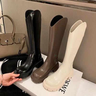 Thick-soled But Knee-length Boots Women's Solid-color Thick-heeled Knight Boots 2025 New Autumn Thin Boots High-heeled High Boots