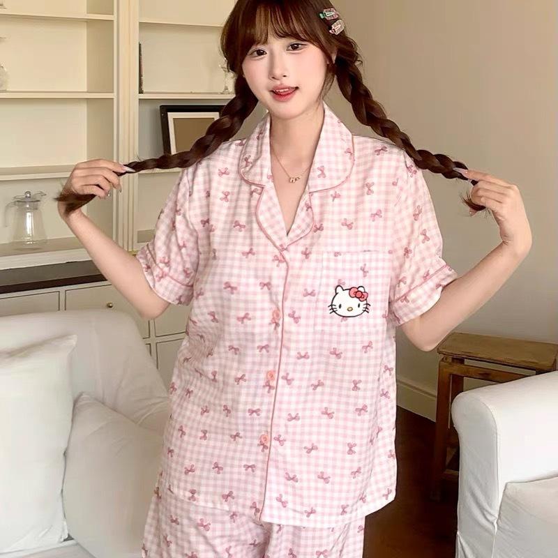 Summer short-sleeved shorts two-piece set pajamas women s cardigan two-piece set soft cute princess style pink plaid loungewear S