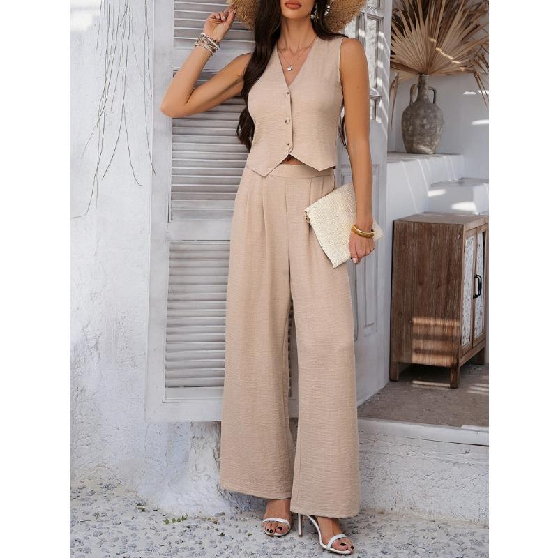 Casual Vacation Solid Color Vest Wide-leg Trousers Set