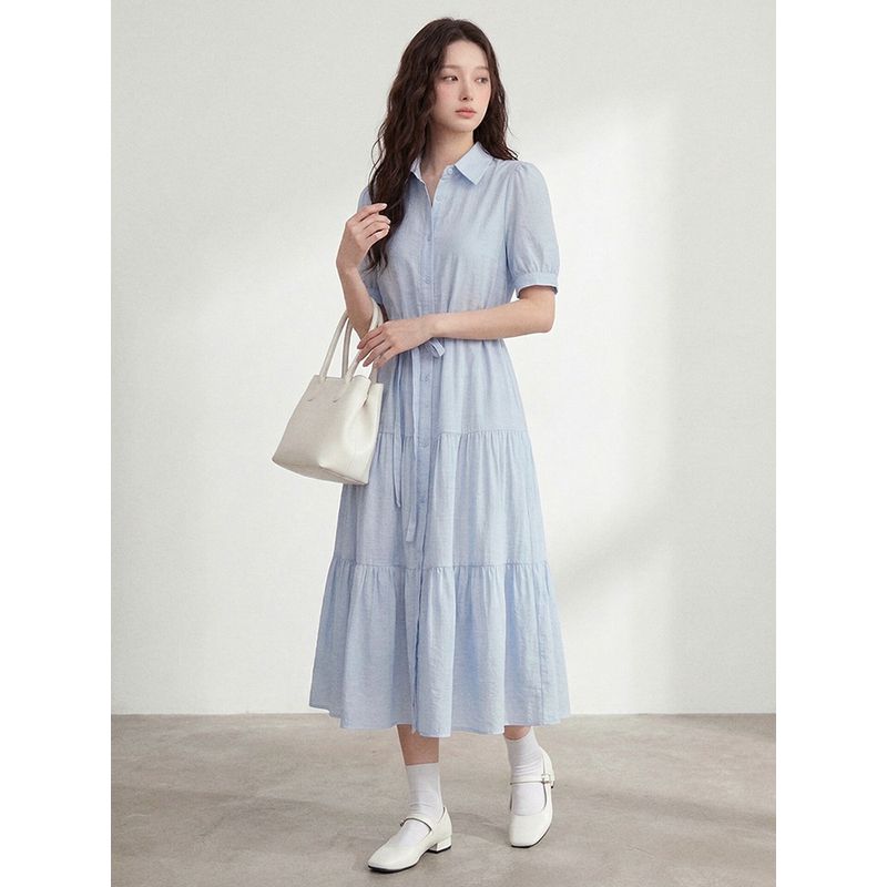 Plus-Size Women's Clothing for Fat Girls, Korean Style Simple Style Lapel Tie Waist Dress 2026 Summer Elegant Slimming Long Dress