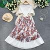Women Fashion Knitting Sweater Patchwork Chiffon Dress Summer Short Sleeve Casual Floral Print Pleated Vacation Holiday Midi Sundress