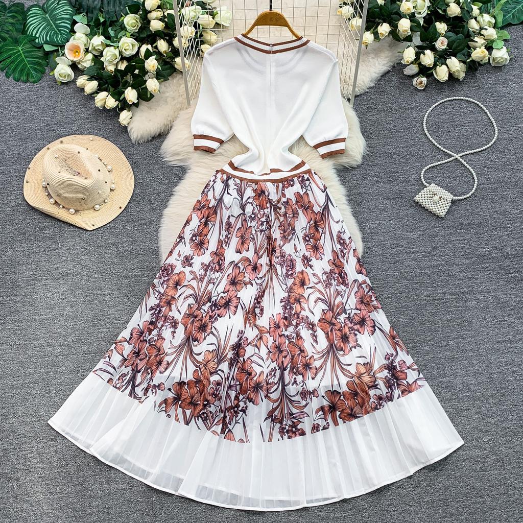 Women Fashion Knitting Sweater Patchwork Chiffon Dress Summer Short Sleeve Casual Floral Print Pleated Vacation Holiday Midi Sundress