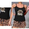 Women's Print Sexy Pajama Set Suspender Backless Short Sleeved and Elastic Waist Printed Leopard Print Shorts Pajama Set