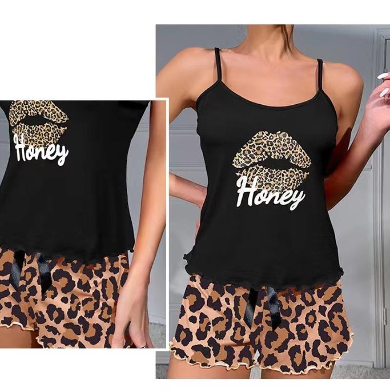 Damen Print Sexy Pyjama Set Träger Rückenfrei Kurzärmelig und Elastischer Bund Bedruckter Leopardenmuster Shorts Pyjama Set