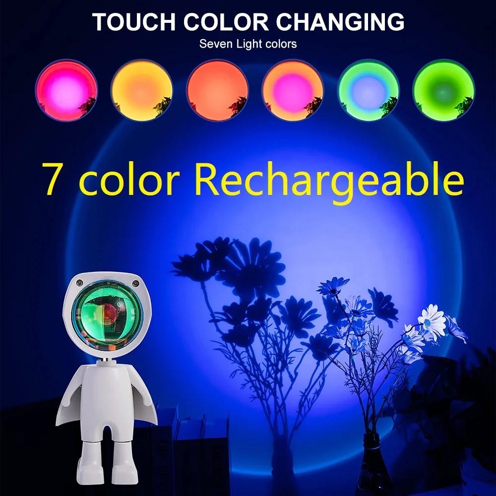 LED Seven Colors Light Sunset Light Astronaut Light Rainbow Projection Night Light 360Degree Rotation Rechargeable Ambient Light
