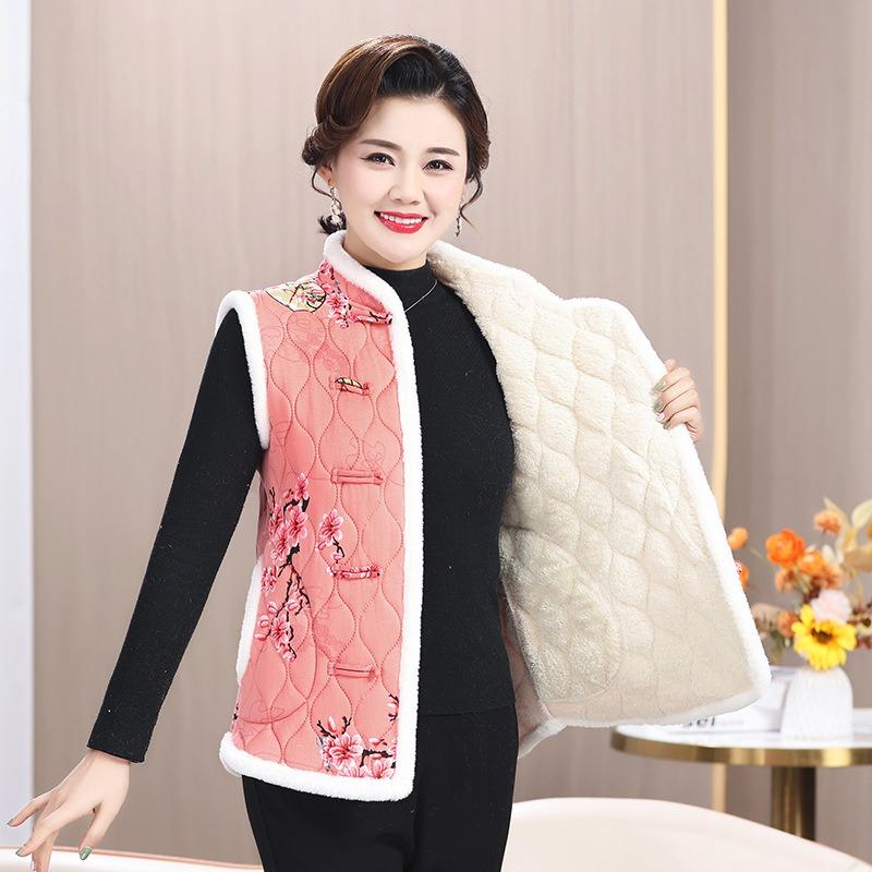 Women's winter thickened large flower padded jacket improved vest disc buckle warm festive vest