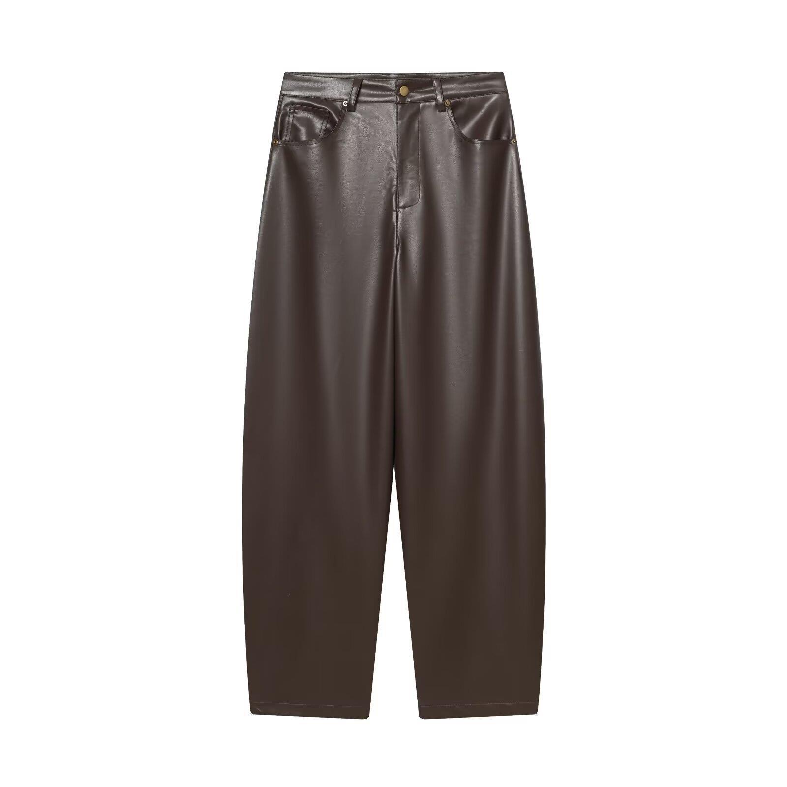 Women s High-Waisted Wide-Leg Leather Pants - Dark Brown, Winter Fashion, European & American Style Large