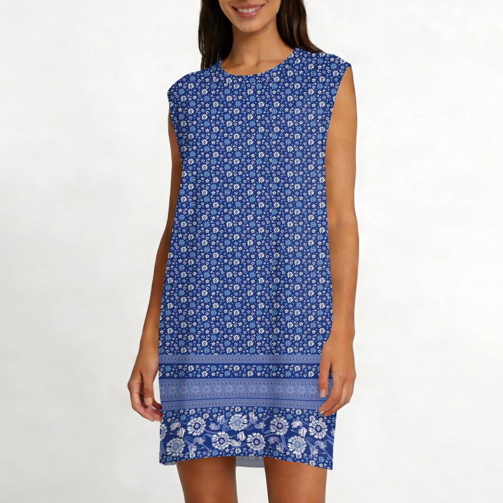 Kadın Günlük ve Moda Yuvarlak Yaka Kolsuz Baskılı Midi Boy Elbise