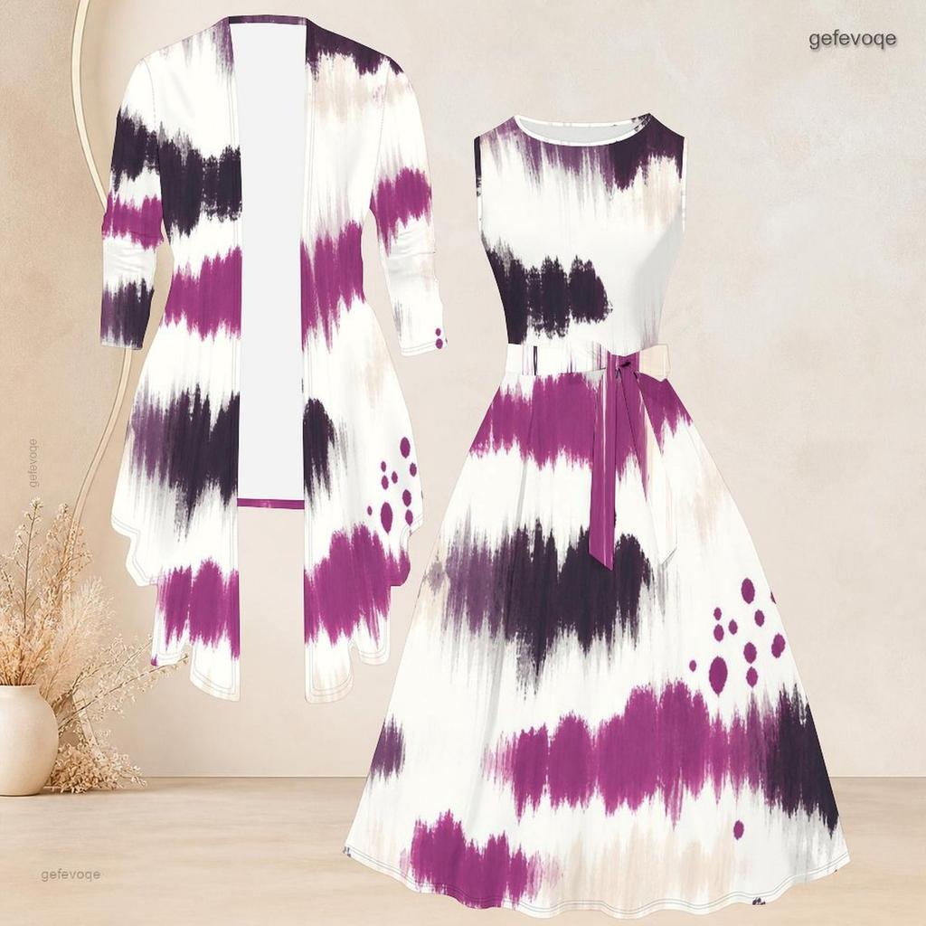 Women Plus Size Two Piece Set Round Neck Sleeveless Tie Waist Flared Dress 3 4 Sleeve Open Cardigan Printed
