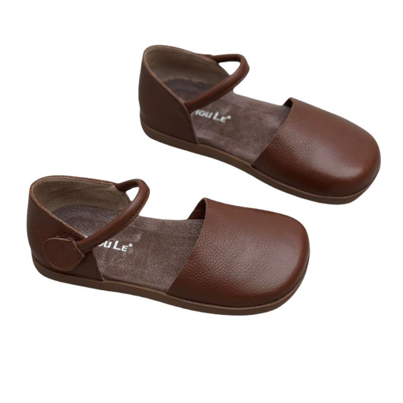 Retro Lässige Einriemen Echtleder Sandalen Frühling und Sommer Weiche Flache Schuhe Hohles Rindsleder Damen Sandalen