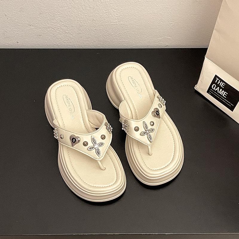 

Однословные пляжные шлепанцы на плоской подошве с бисером, женские, весна-лето 2025, новинка, летняя женская обувь для улицы, кристалл 40