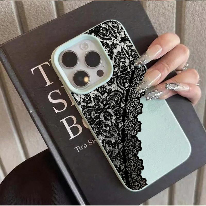 Black Lace Pattern Personalized Mobile Phone Case For iPhone 16 17 Pro Max 15 Plus 14 13 12 11 17 Air XS XR Faux Leather Cover