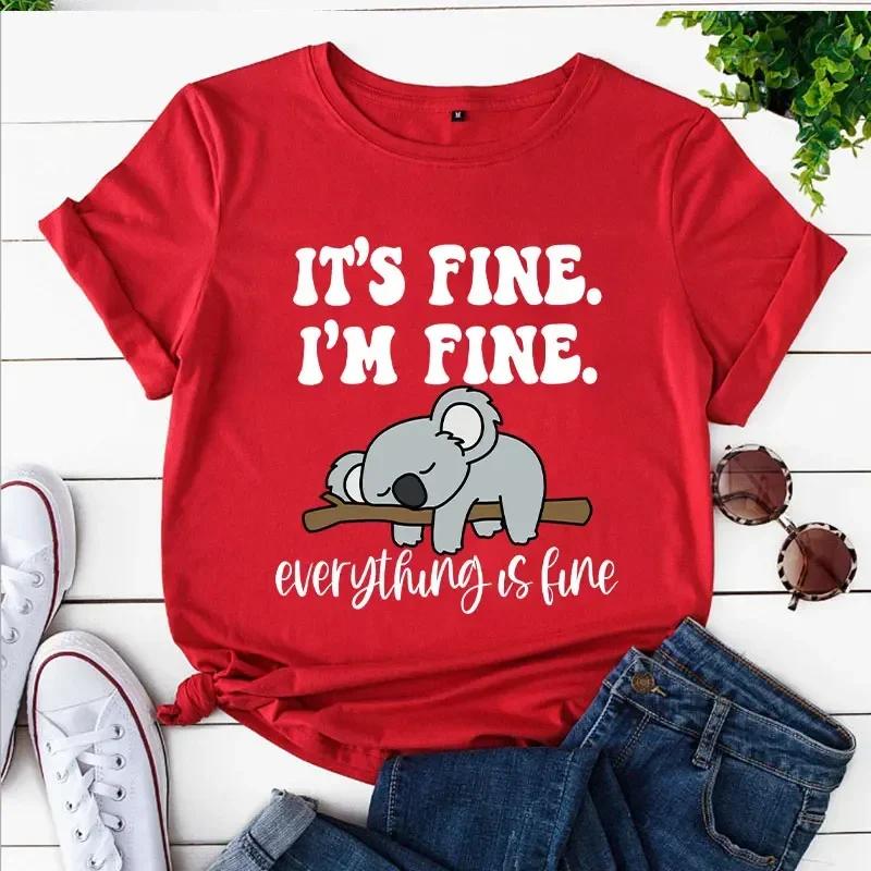 Shirt It's Fine I'm Fine Everything Is Fine Cartoon Womens Clothing Women's Fashion T-shirt Koala Print Tops Casual Short-sleeve
