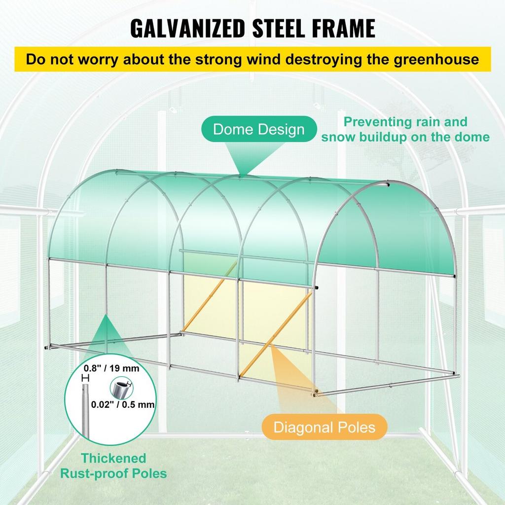 Walk-in Tunnel Greenhouse, 15 x 7 x 7 ft Portable Plant Hot House w/ Galvanized Steel Hoops, 1 Top Beam, 2 Diagonal Poles, 2 Zippered Doors & 8