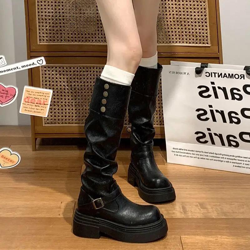 Black High-Top Boots Women'S Autumn Winter Thick Bottom Long Tube Boots Increased Small Short Thick Leg Knight Boots