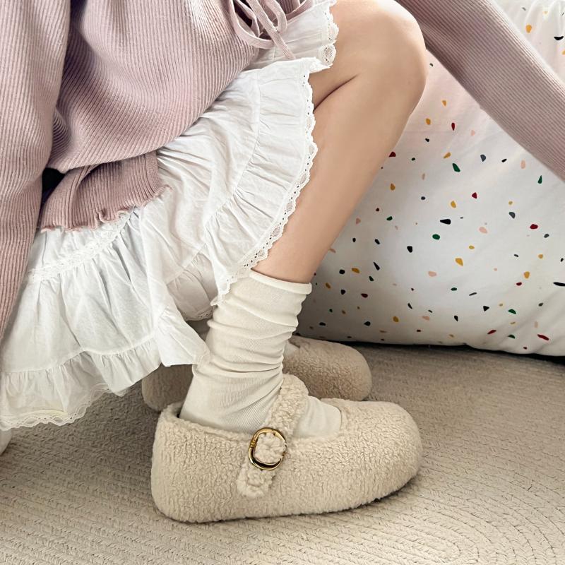 Winter Design Fur Women Mary Jane Shoes Concise Soft Sole Outdoor Shoes Ladies Comfort Warm Cotton Flats Shoes