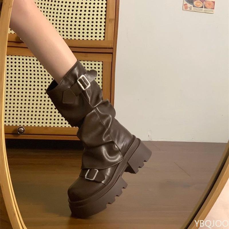 Retro minimalist Pleated Buckle shoesWomen Autumn Fashionable versatile shoes Woman comfort non-slip thick heel short boots