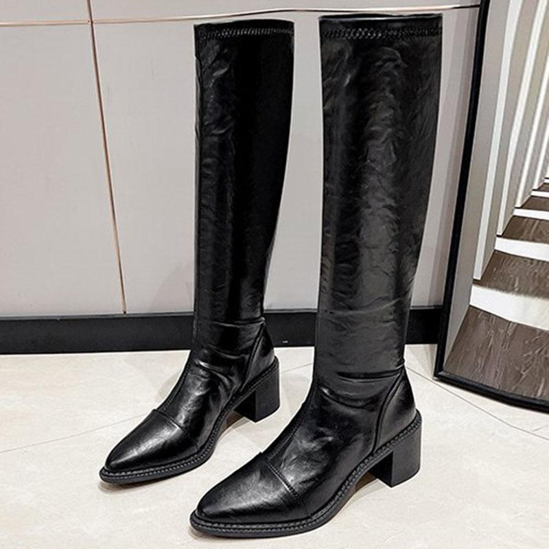 Fashion Comemore Black Thick Heels Knee High Boots for Women Autumn Winter Pu Leather Long Boots Woman Slip On Pointed Toe Botas Mujer