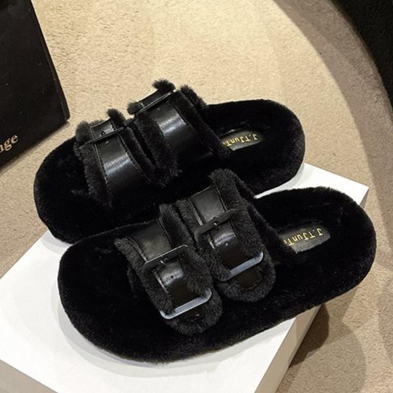 Buckle White Thick-Sole Fuzzy Slippers for Women, New Arrival, Warm and Cozy, Perfect for Outdoor Wear