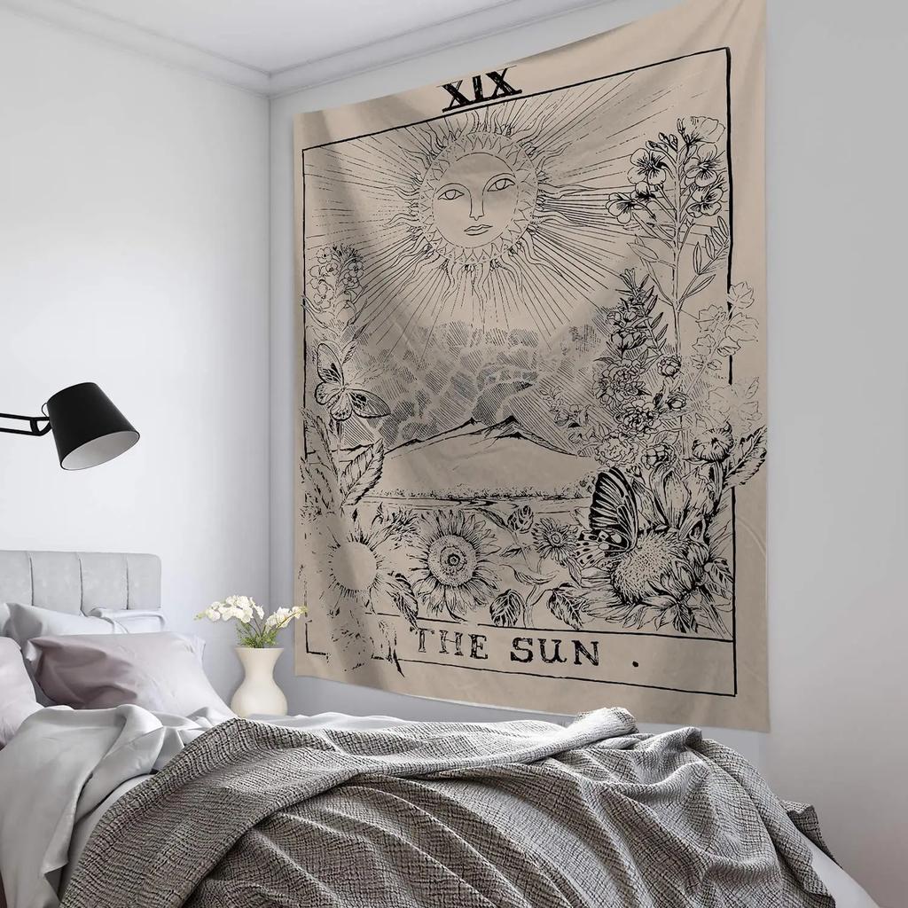 Vintage Sun Tarot Tapestry Floral Design Mystical Elements Unique Wall Art for Home Decor Bedroom Occult Lover Gift