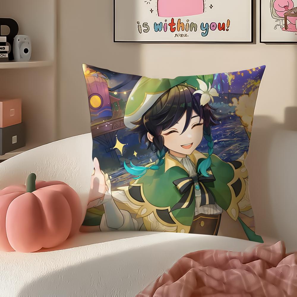 Game Genshin Venti Cushion Cover Pillowcase Short Plush Invisible zipper Room Sofa Cushion Cover