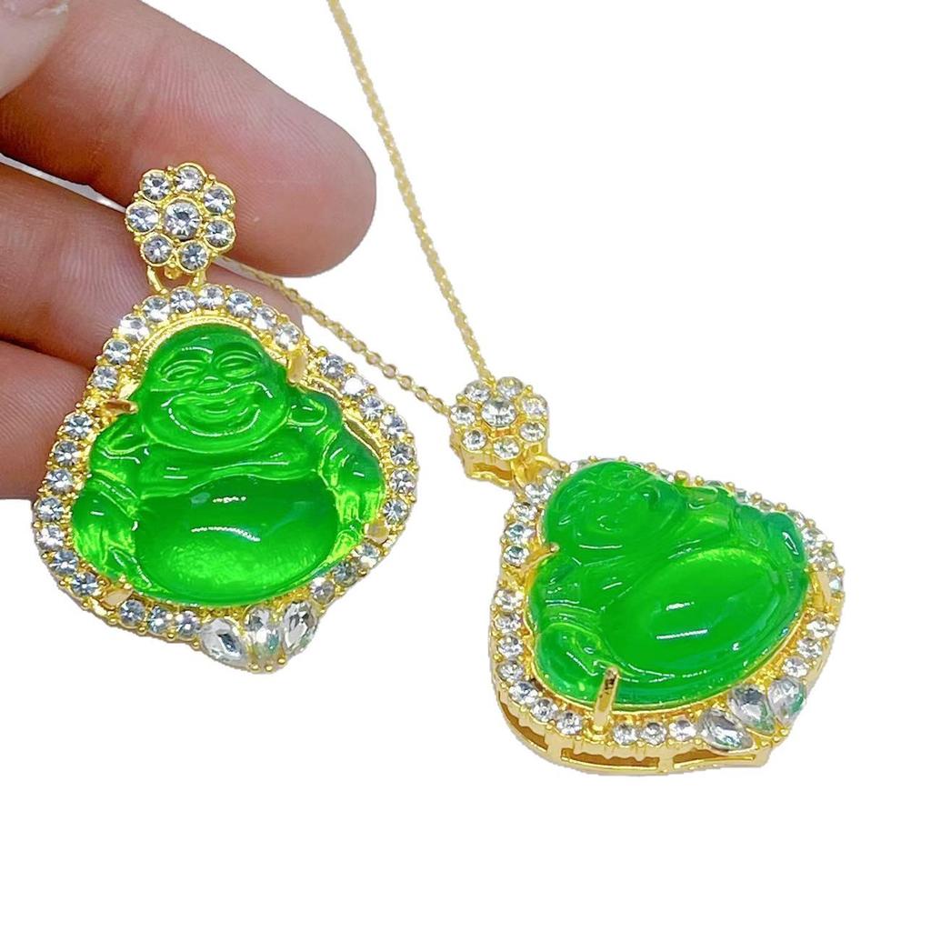 Pendant New Chinese Style Green Stone Laughing Buddha Surrounded by Zircon Men and Women Buddha Necklace