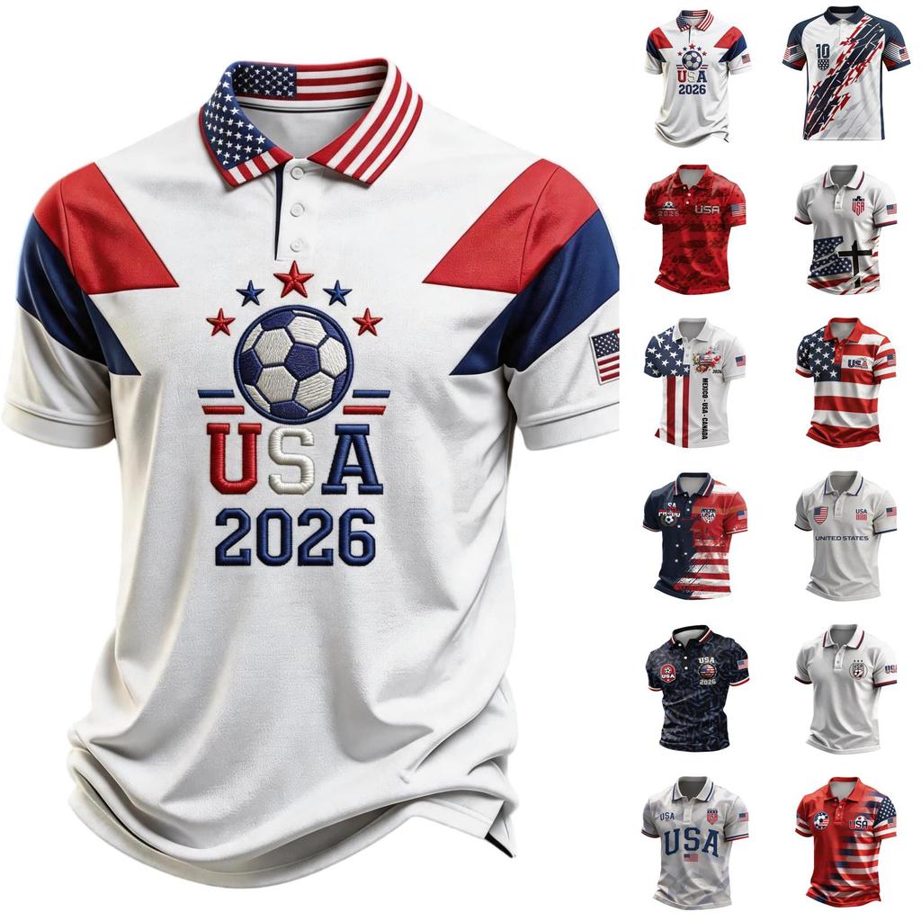 Men's Loose Fit Breathable Polo Shirt Short Sleeve Soccer Fanwear USA 2026 Embroidered Design Lightweight Mesh Fabric
