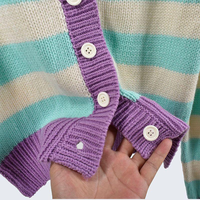 Spring and Autumn V Neck Short Color Stitching Bubble Long Sleeve Single-Breasted Cardigan Outwear Knitting Sweaters Women's Clothing